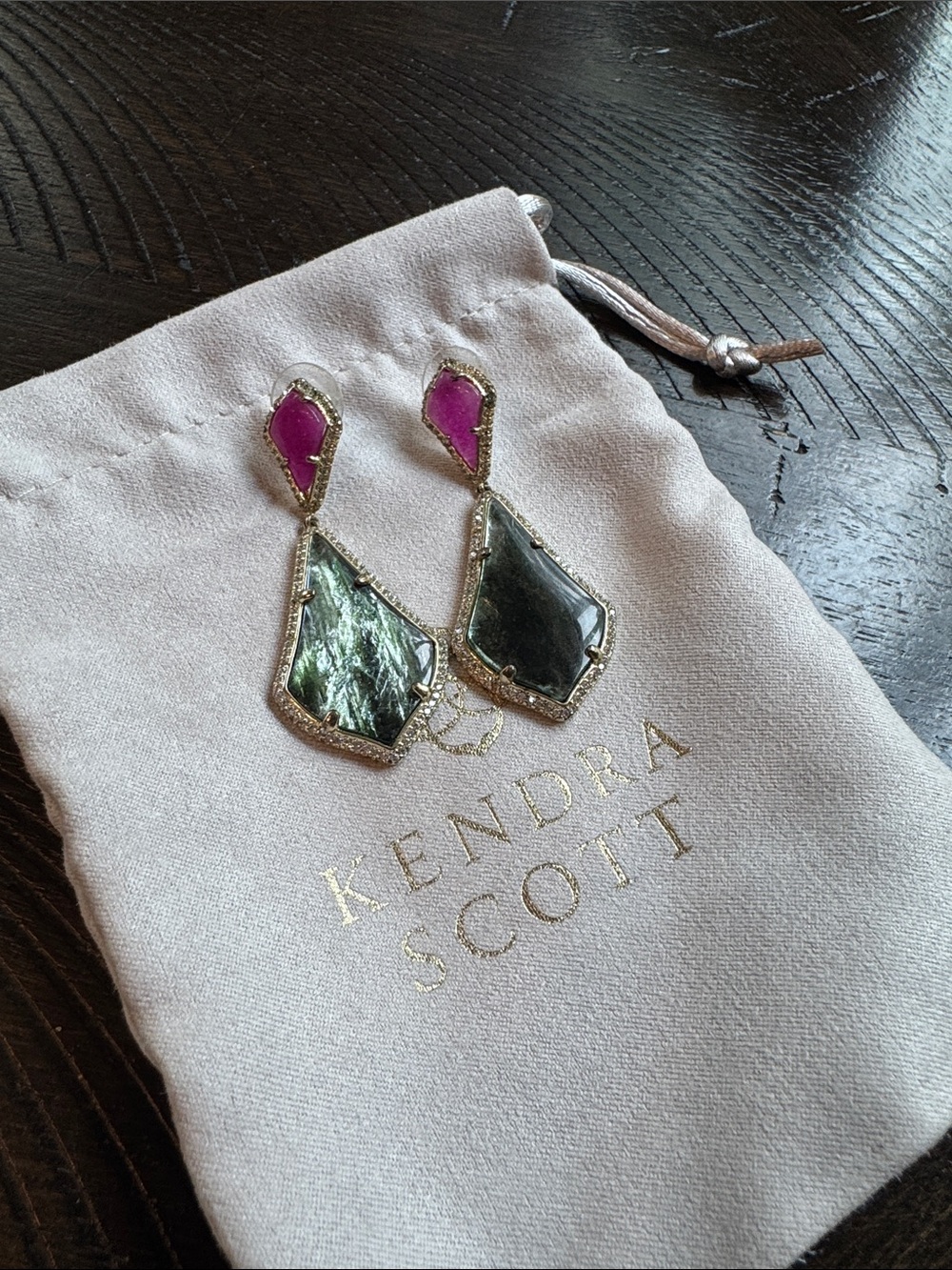 Kendra Scott Gold-Tone Drop Earrings with Green and Fuchsia Stones